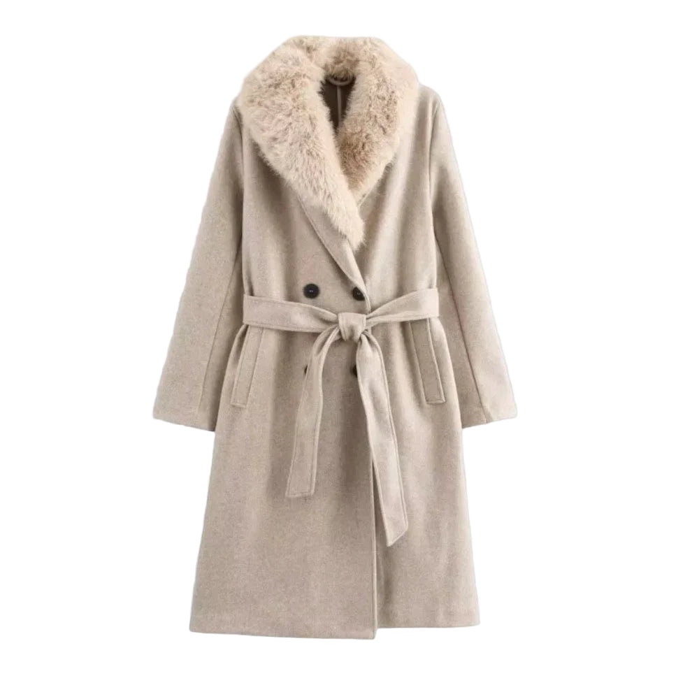 Kvinners Trenchcoat Med Belte Og Pelskrage 0