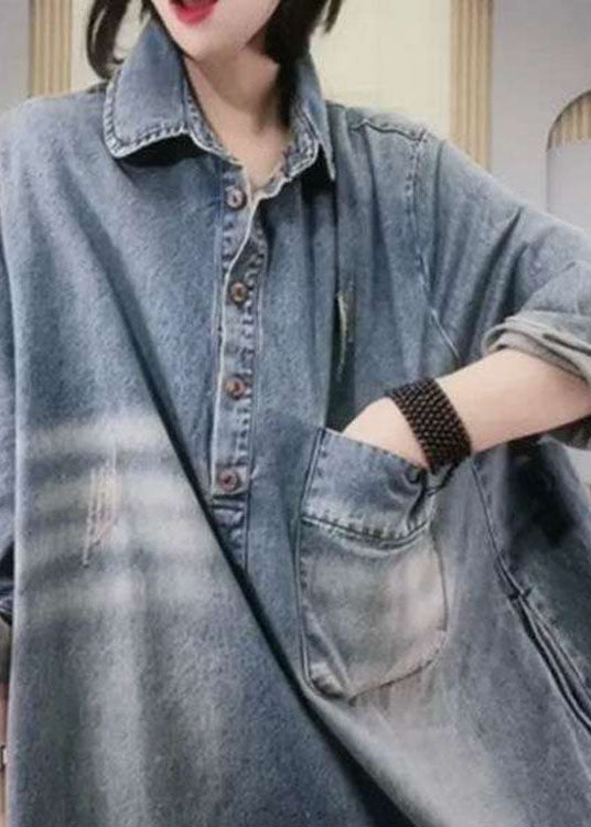 Kvinnes Langermet Denim Festkjole med Peter Pan Krage 3