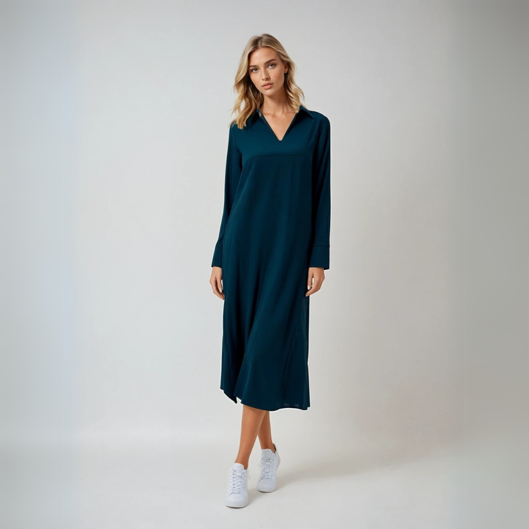Kvinnes Maxi Kjole Elegant Lang V-Hals Drapert Stoff med Sideslitt 1
