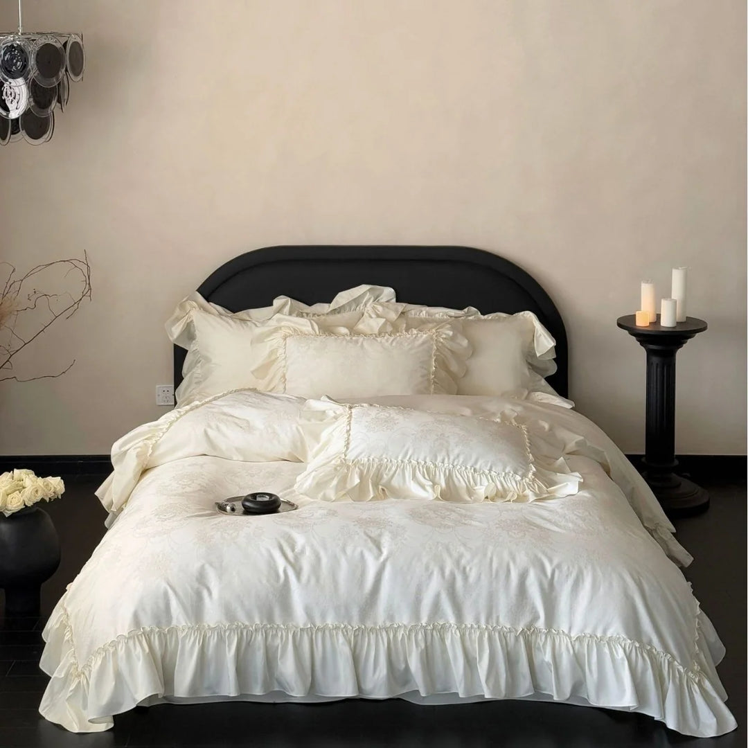 Kvinnes Sengetøysett Jacquarddesign med Chiffon-rysjer 0