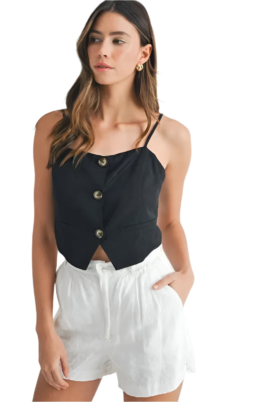Kvinnes Tank Top med Knappedetaljer i Linblanding 0