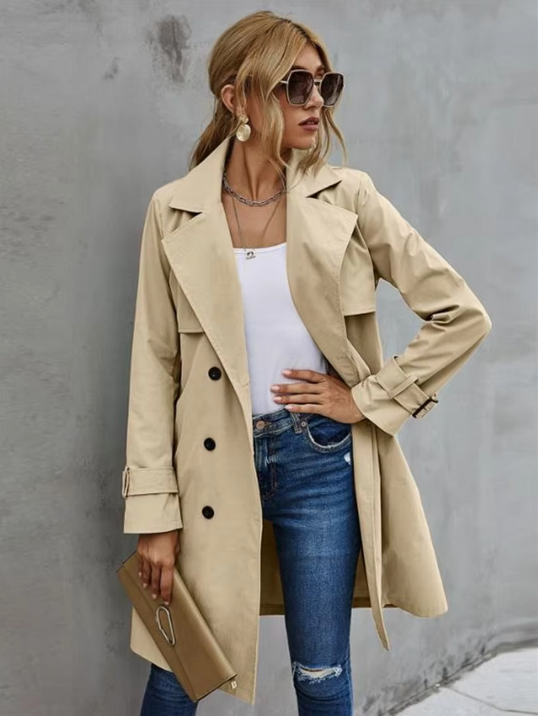 Kvinnes Trench Coat Dobbelspent Design Klassisk Stil 1