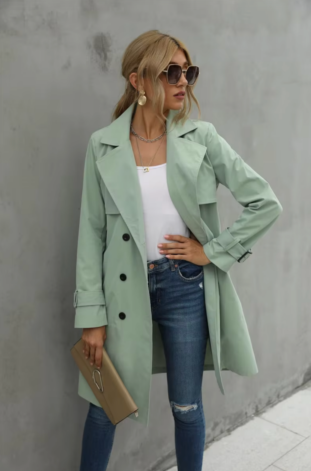 Kvinnes Trench Coat Dobbelspent Design Klassisk Stil 3