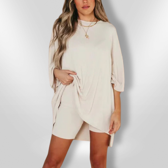 Kvinnesett Oversized Topp og Shorts Myk Pustende Tekstil 9