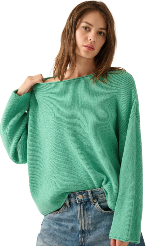 Oversized Genser Dame Ribbestrikket Design Med Båtutringning 0