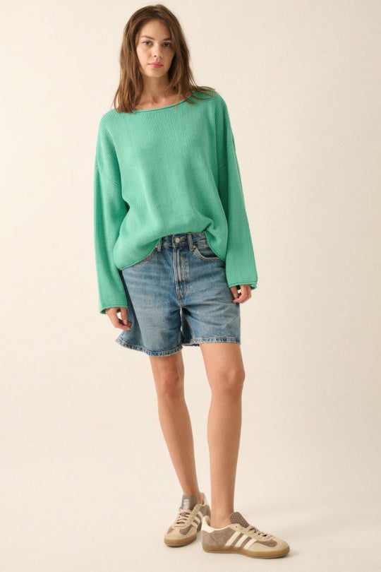 Oversized Genser Dame Ribbestrikket Design Med Båtutringning 1