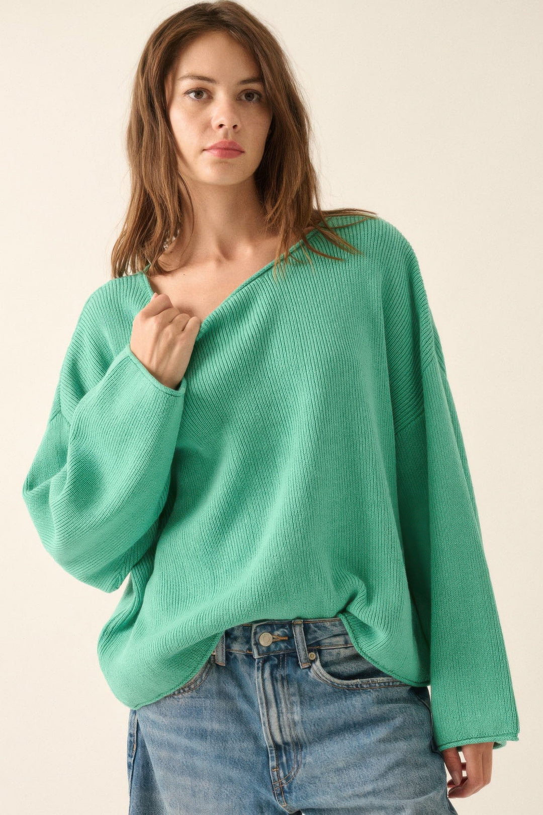Oversized Genser Dame Ribbestrikket Design Med Båtutringning 2