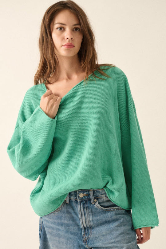 Oversized Genser Dame Ribbestrikket Design Med Båtutringning 2