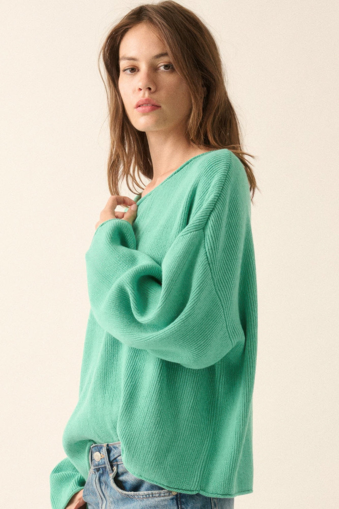 Oversized Genser Dame Ribbestrikket Design Med Båtutringning 3