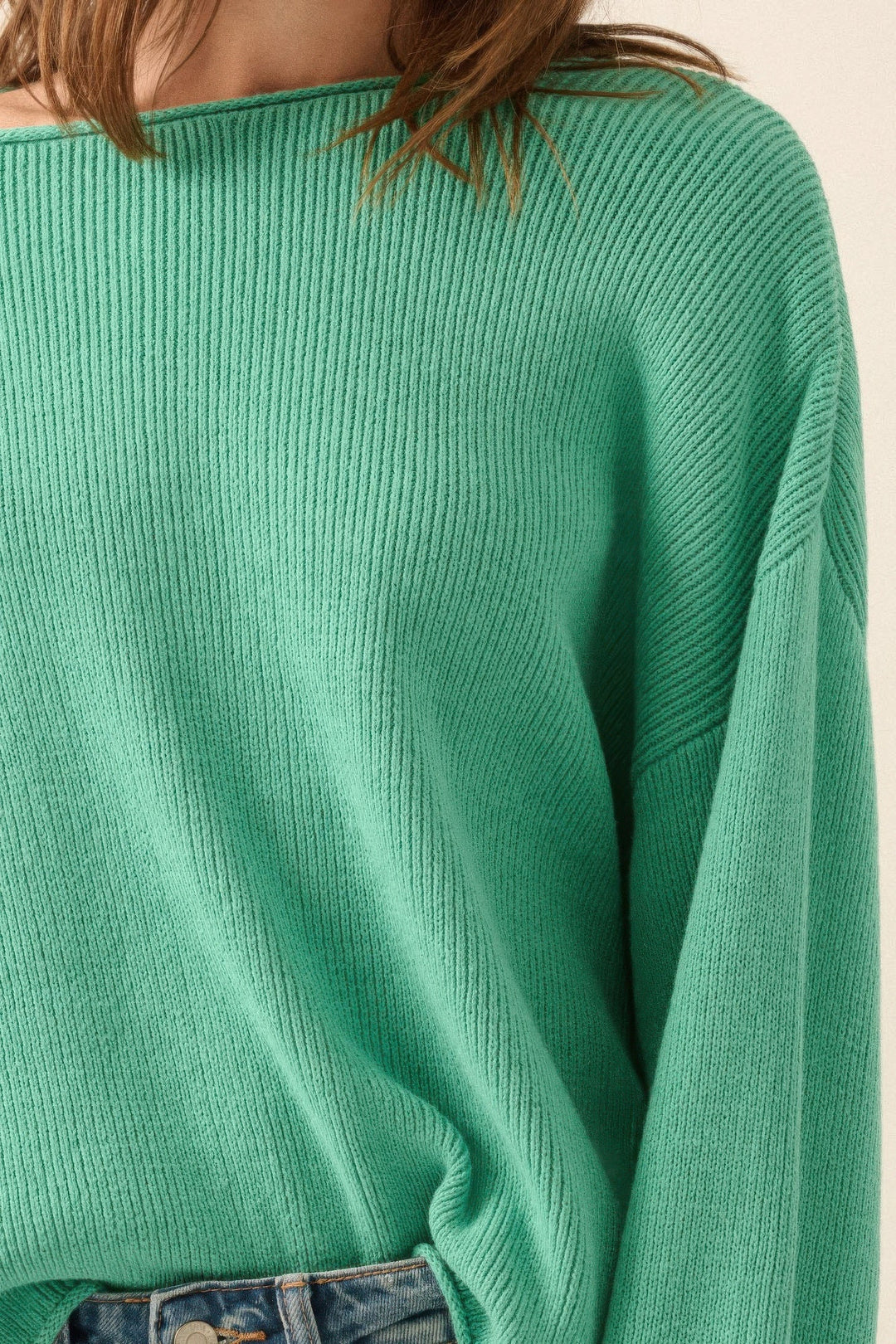 Oversized Genser Dame Ribbestrikket Design Med Båtutringning 4