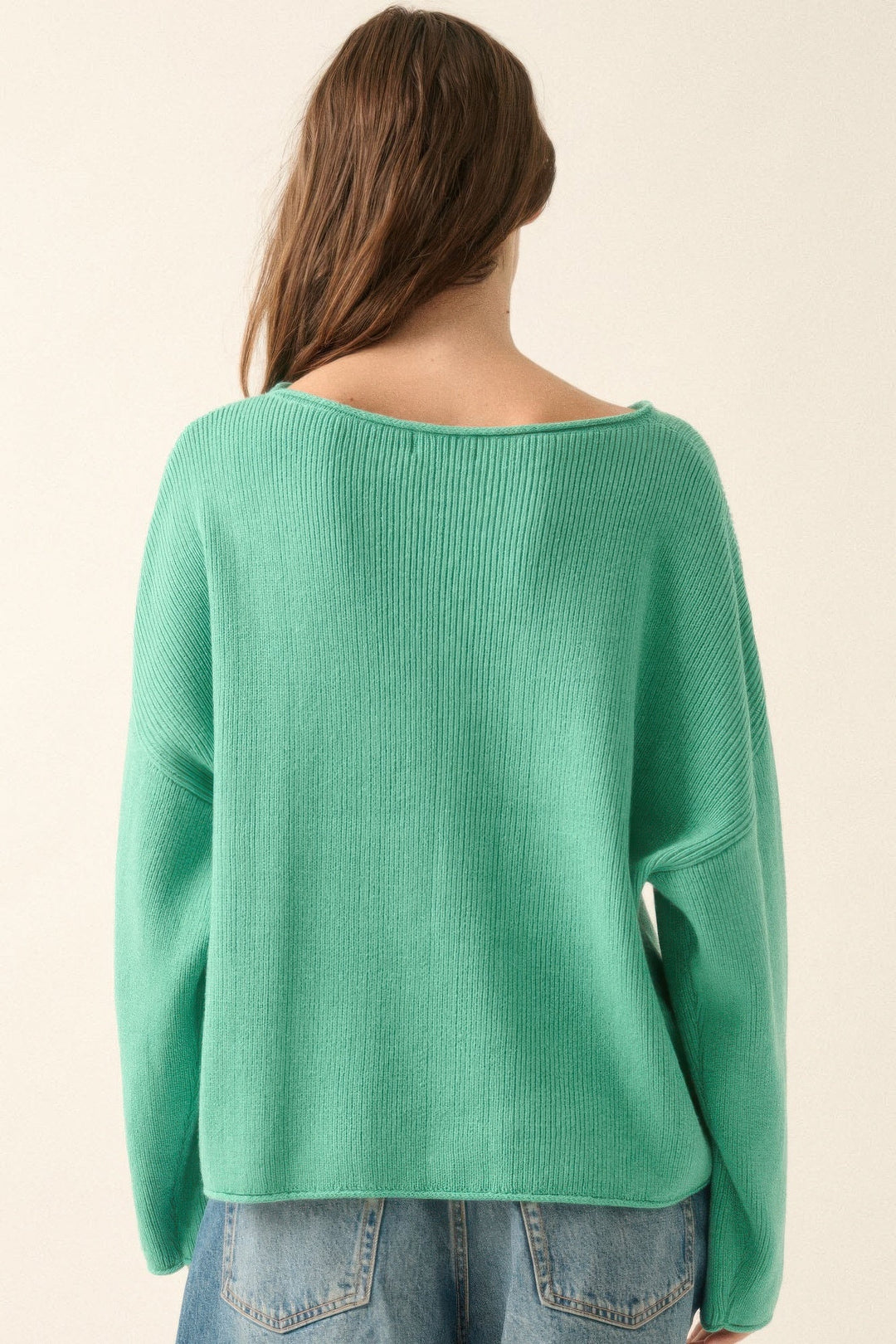 Oversized Genser Dame Ribbestrikket Design Med Båtutringning 5