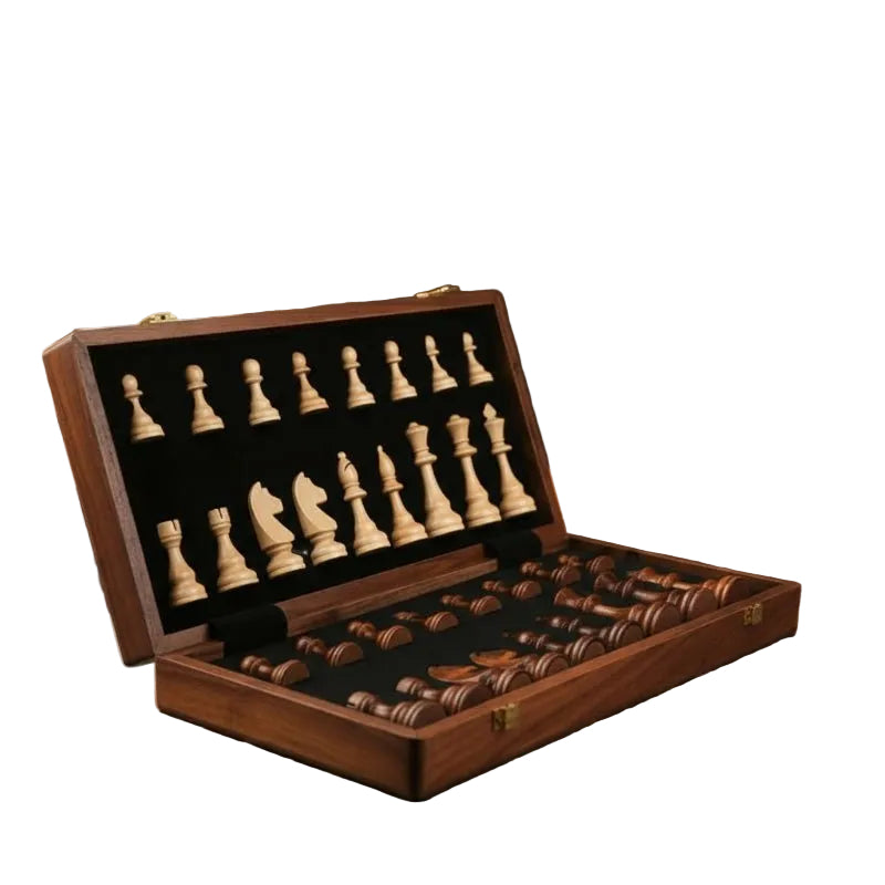 Sammenleggbart Sjakksett i Tre med Detaljerte Utskjæringer 0