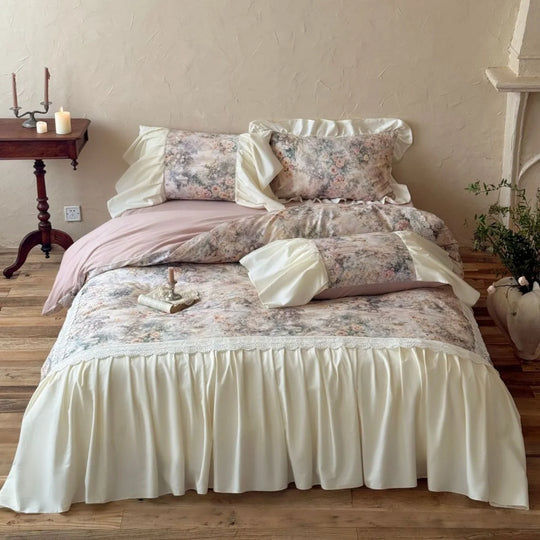 Sengetøysett med vintageinspirert blomstermønster og rysjer for kvinner 0