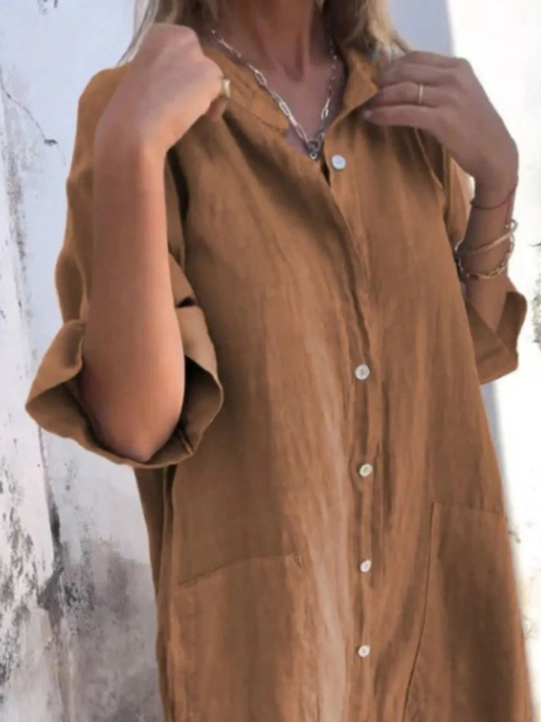 Skjortekjole Dame Lin-Look Med Knappestolpe Polyester Casual 11