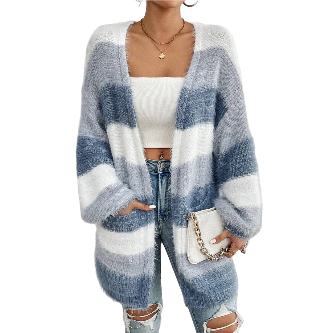 Strikket Cardigan Dame Oversized med Åpen Front og Stripet Design 0