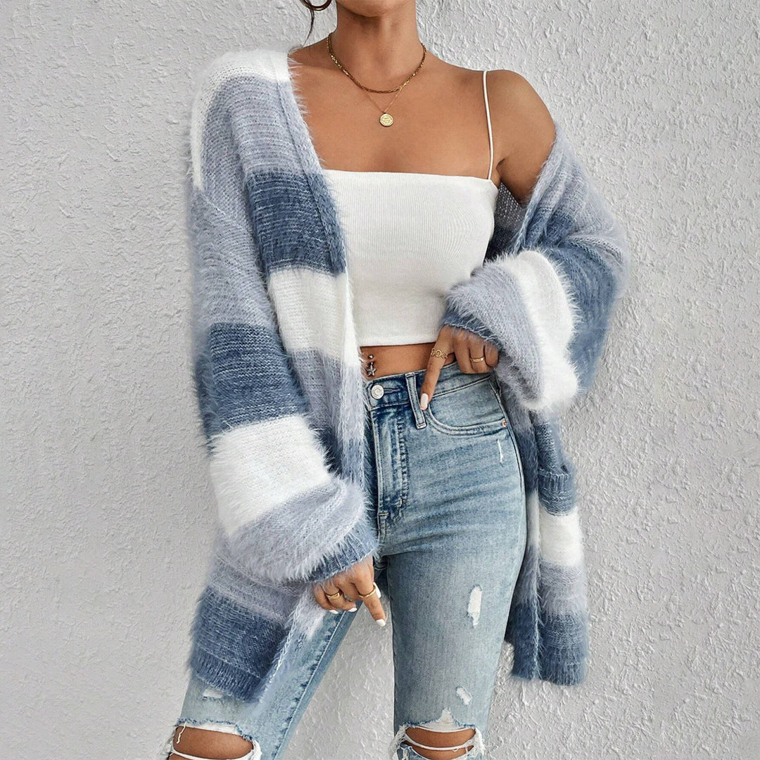 Strikket Cardigan Dame Oversized med Åpen Front og Stripet Design 1
