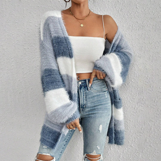 Strikket Cardigan Dame Oversized med Åpen Front og Stripet Design 1