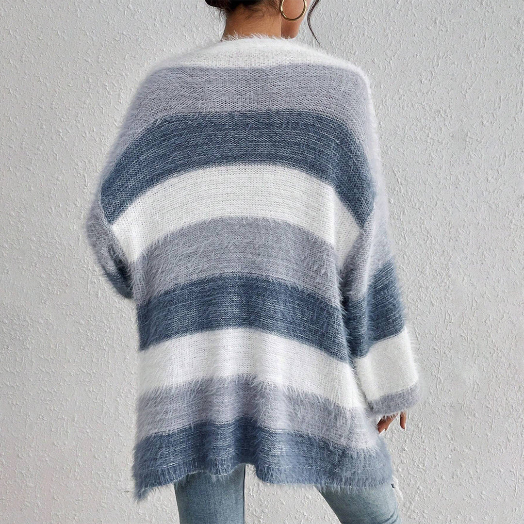 Strikket Cardigan Dame Oversized med Åpen Front og Stripet Design 2