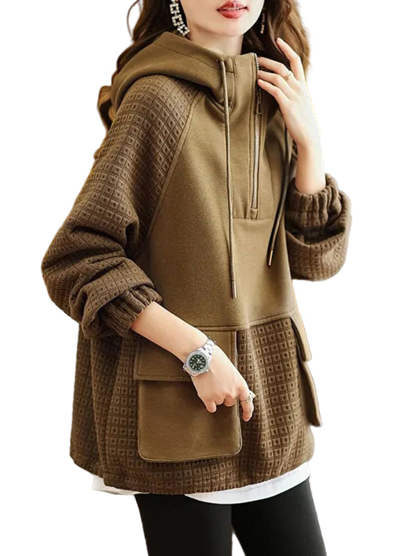 Unisex Hettegenser med Snøring og Kaffepatchwork 0