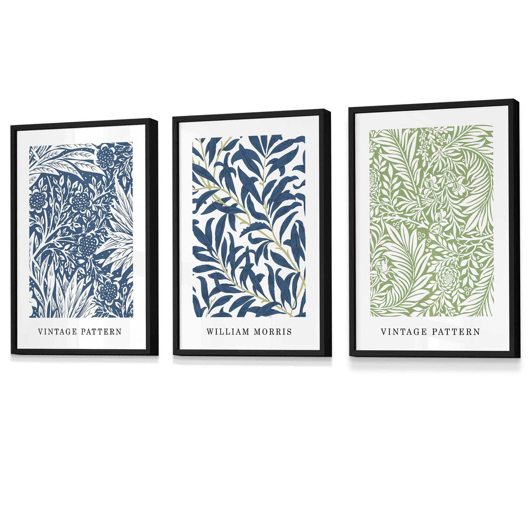 Veggkunst med William Morris Blomsterdesign - Sett med Tre Vintage Trykk i Blått og Grønt 0