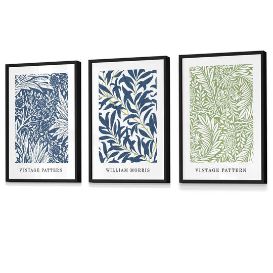 Veggkunst med William Morris Blomsterdesign - Sett med Tre Vintage Trykk i Blått og Grønt 0