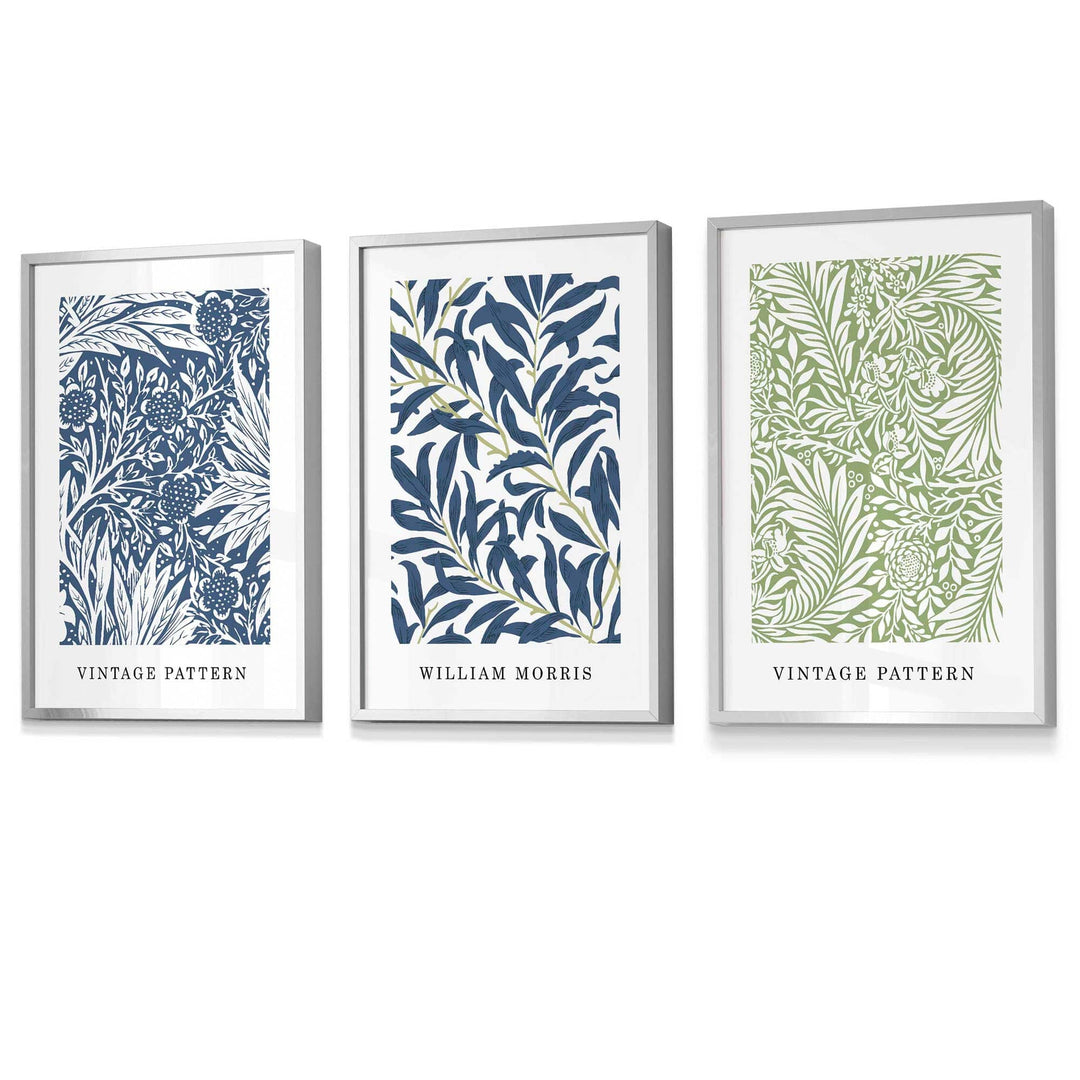 Veggkunst med William Morris Blomsterdesign - Sett med Tre Vintage Trykk i Blått og Grønt 1