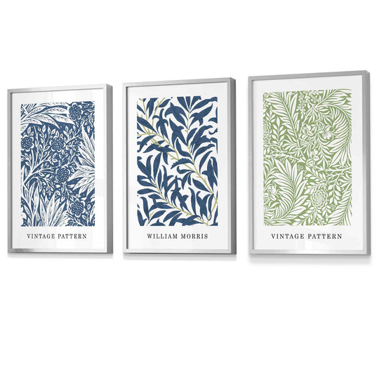 Veggkunst med William Morris Blomsterdesign - Sett med Tre Vintage Trykk i Blått og Grønt 1