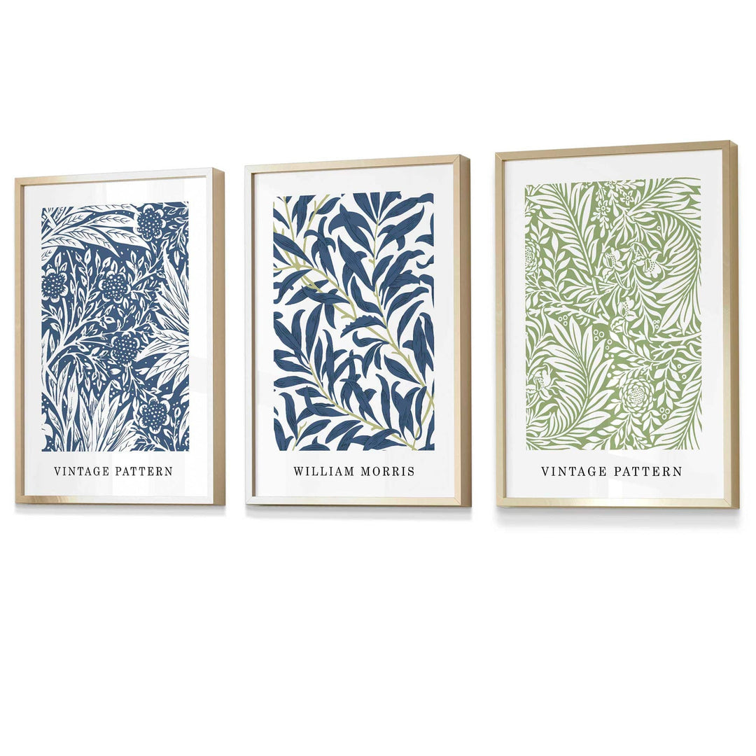 Veggkunst med William Morris Blomsterdesign - Sett med Tre Vintage Trykk i Blått og Grønt 2