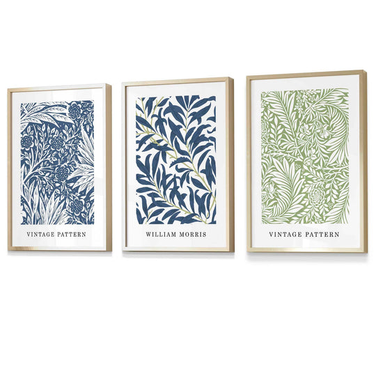 Veggkunst med William Morris Blomsterdesign - Sett med Tre Vintage Trykk i Blått og Grønt 2