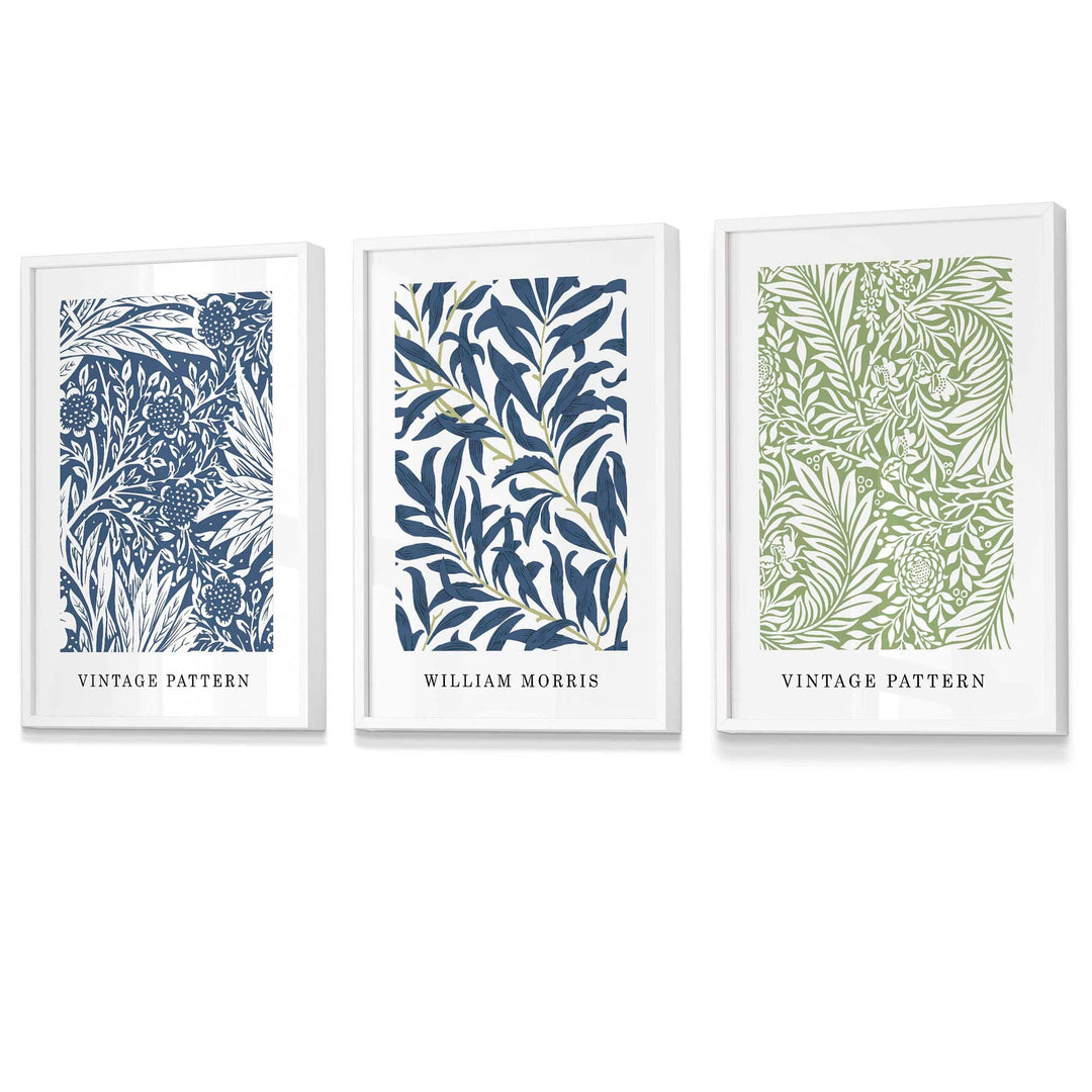 Veggkunst med William Morris Blomsterdesign - Sett med Tre Vintage Trykk i Blått og Grønt 3