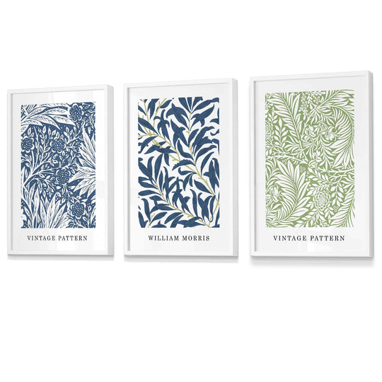 Veggkunst med William Morris Blomsterdesign - Sett med Tre Vintage Trykk i Blått og Grønt 3