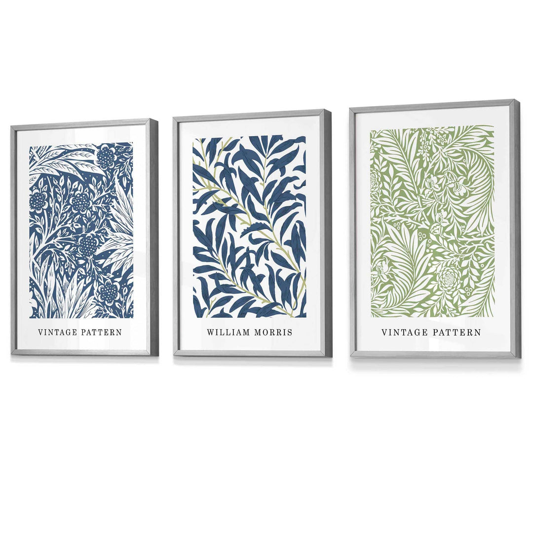 Veggkunst med William Morris Blomsterdesign - Sett med Tre Vintage Trykk i Blått og Grønt 4
