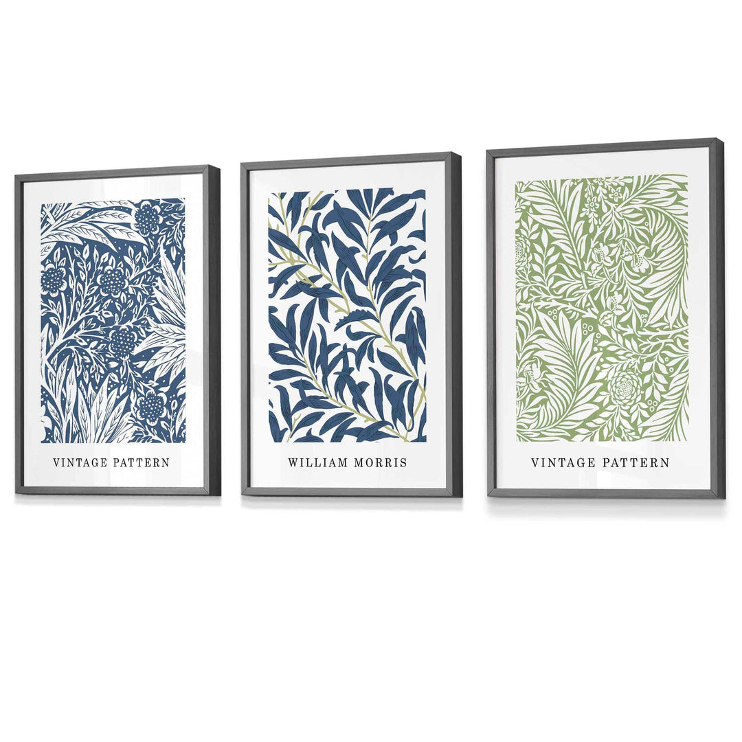 Veggkunst med William Morris Blomsterdesign - Sett med Tre Vintage Trykk i Blått og Grønt 5