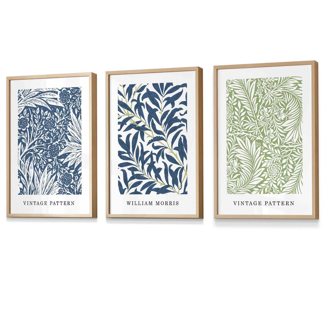Veggkunst med William Morris Blomsterdesign - Sett med Tre Vintage Trykk i Blått og Grønt 6