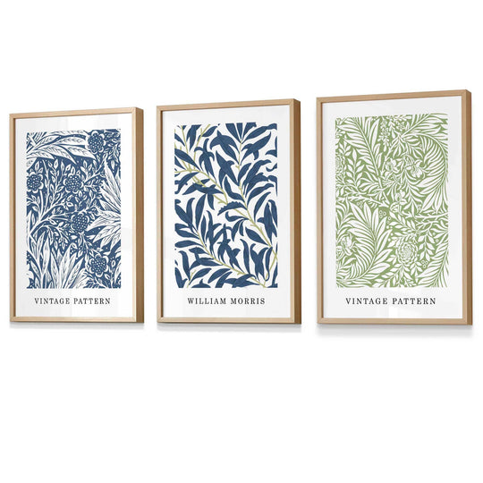Veggkunst med William Morris Blomsterdesign - Sett med Tre Vintage Trykk i Blått og Grønt 6