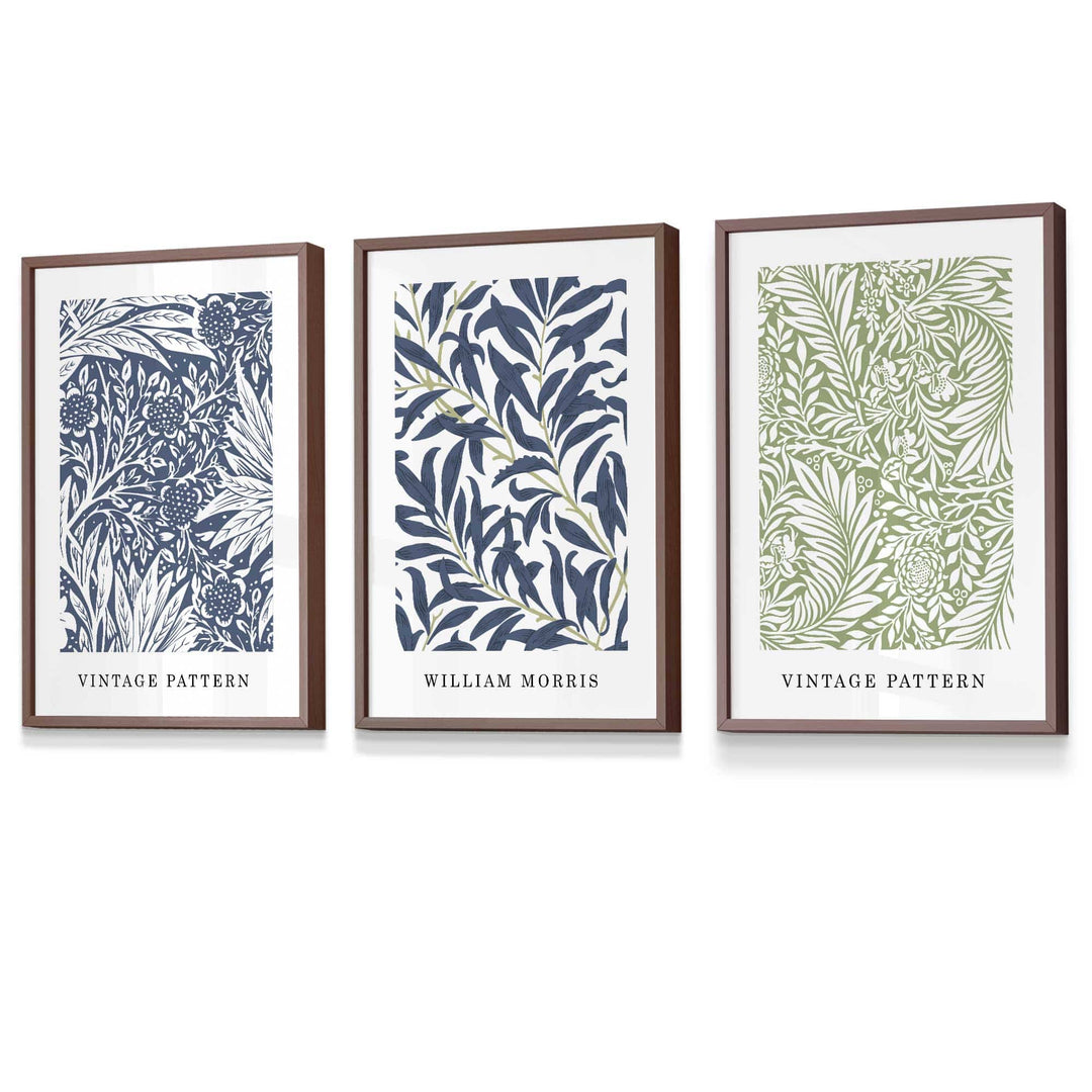 Veggkunst med William Morris Blomsterdesign - Sett med Tre Vintage Trykk i Blått og Grønt 7