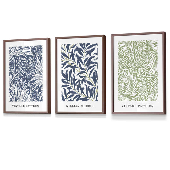 Veggkunst med William Morris Blomsterdesign - Sett med Tre Vintage Trykk i Blått og Grønt 7