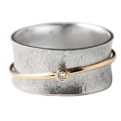 Vintage Sølvring med Gylne Linjer 0