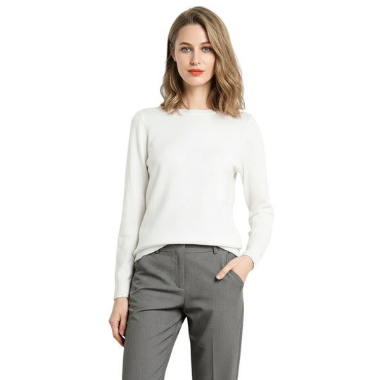 Dame Pullover Merino Ull O-Hals Langermet Strikket Topp