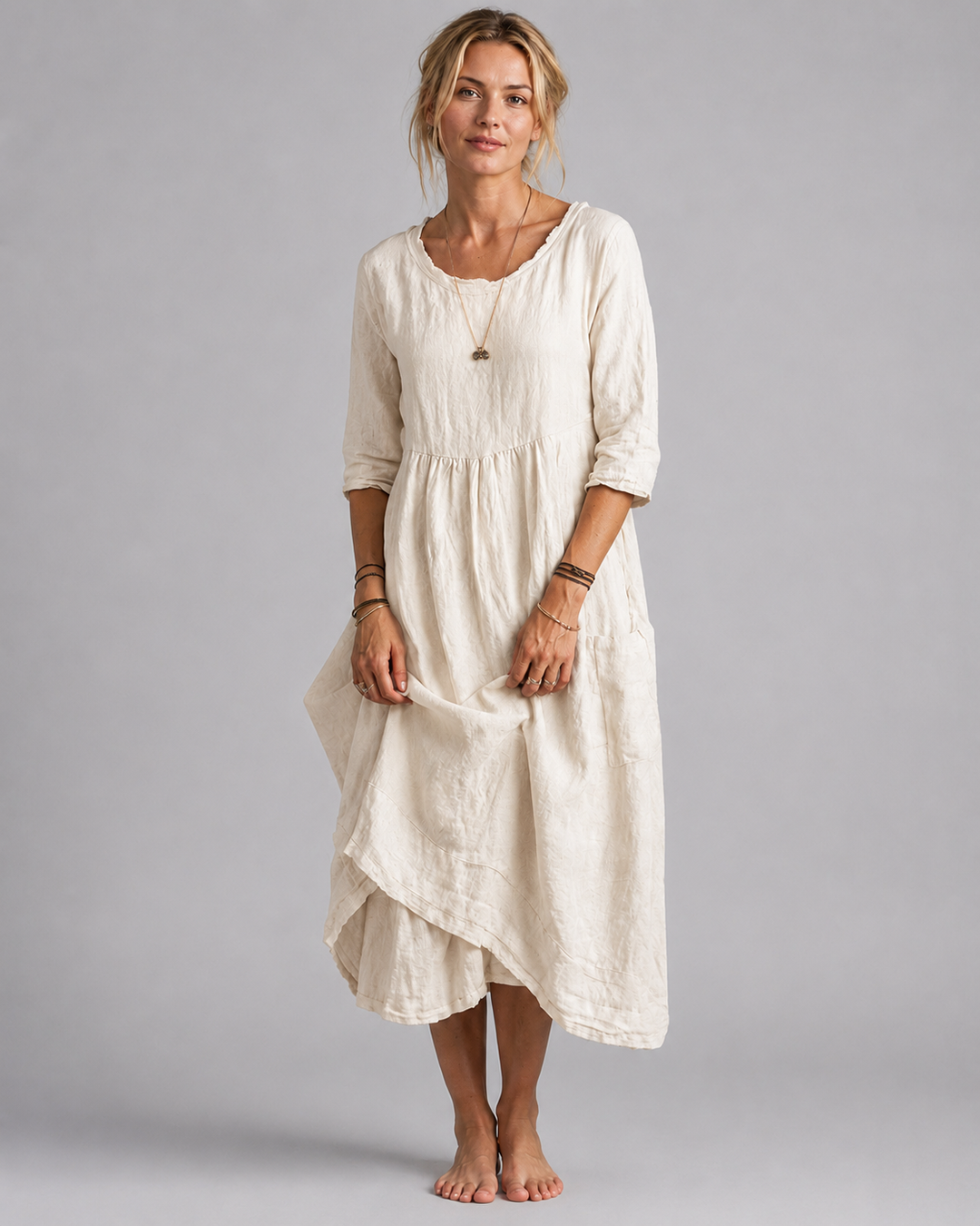 Kvinne Midi Kjole Vintage-Inspirert Design i Linblanding