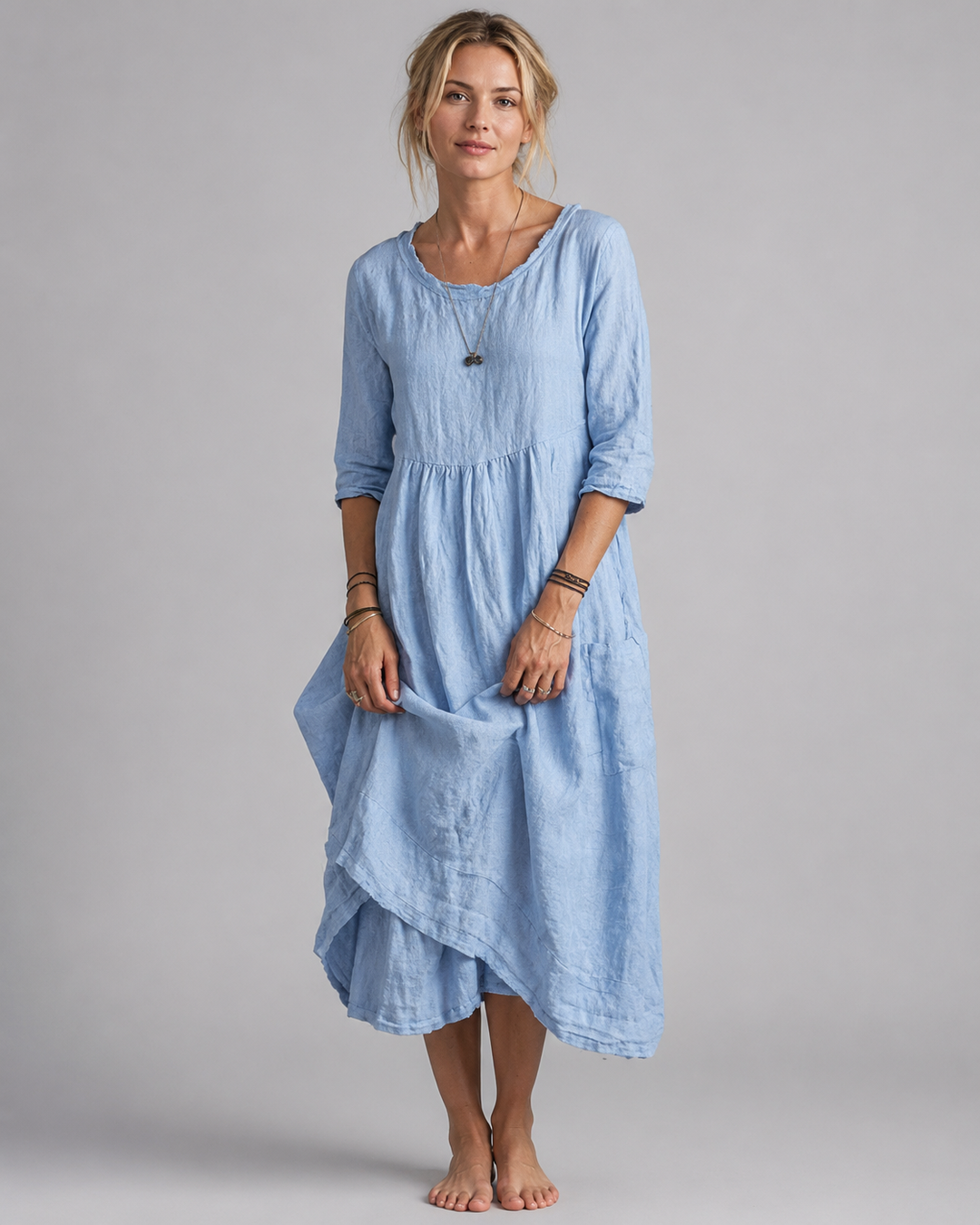 Kvinne Midi Kjole Vintage-Inspirert Design i Linblanding
