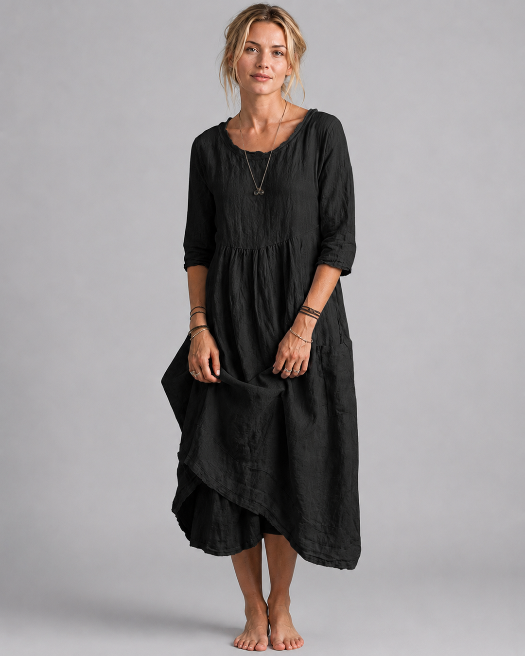 Kvinne Midi Kjole Vintage-Inspirert Design i Linblanding