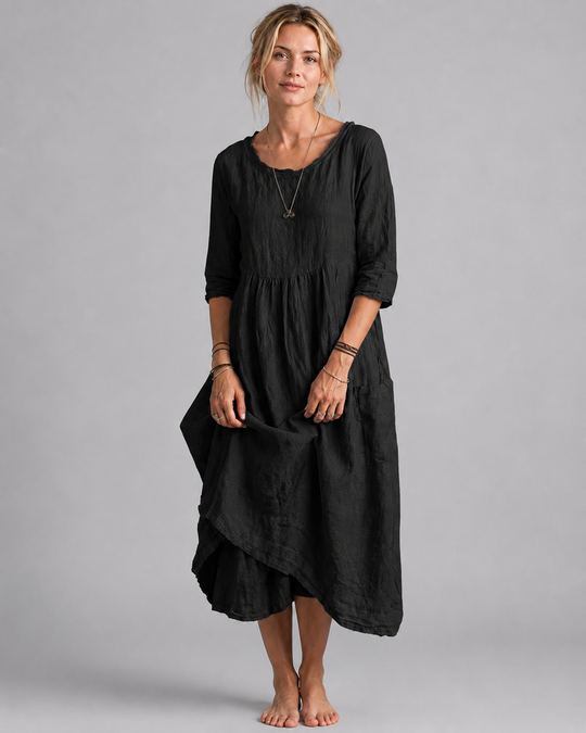 Kvinne Midi Kjole Vintage-Inspirert Design i Linblanding