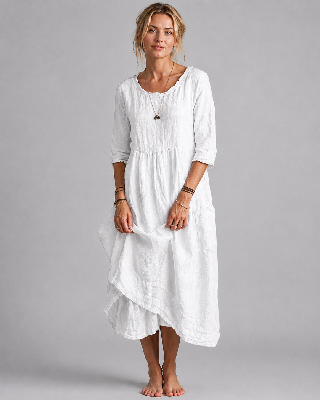 Kvinne Midi Kjole Vintage-Inspirert Design i Linblanding