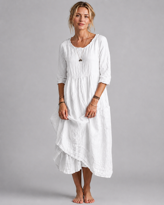 Kvinne Midi Kjole Vintage-Inspirert Design i Linblanding