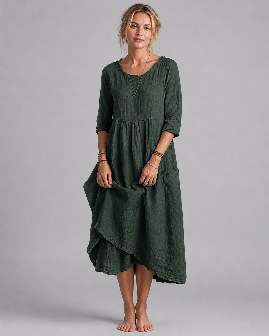 Kvinne Midi Kjole Vintage-Inspirert Design i Linblanding