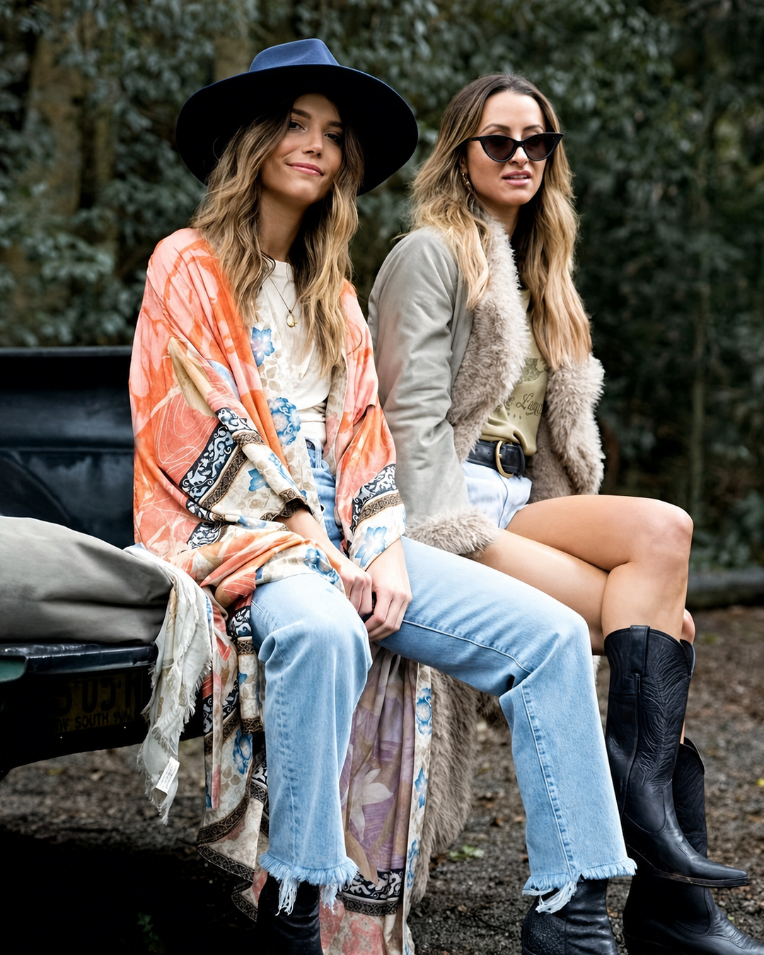 Damers Lange Kimono med Blomsterprint og Strikceintur