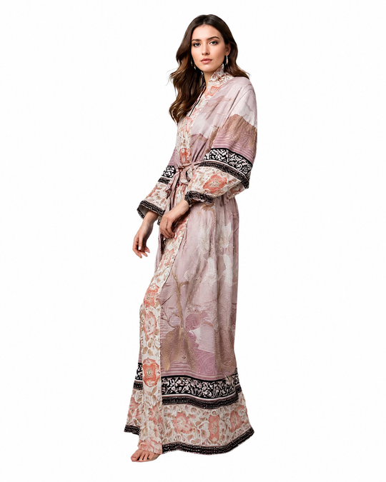Damers Lange Kimono med Blomsterprint og Strikceintur