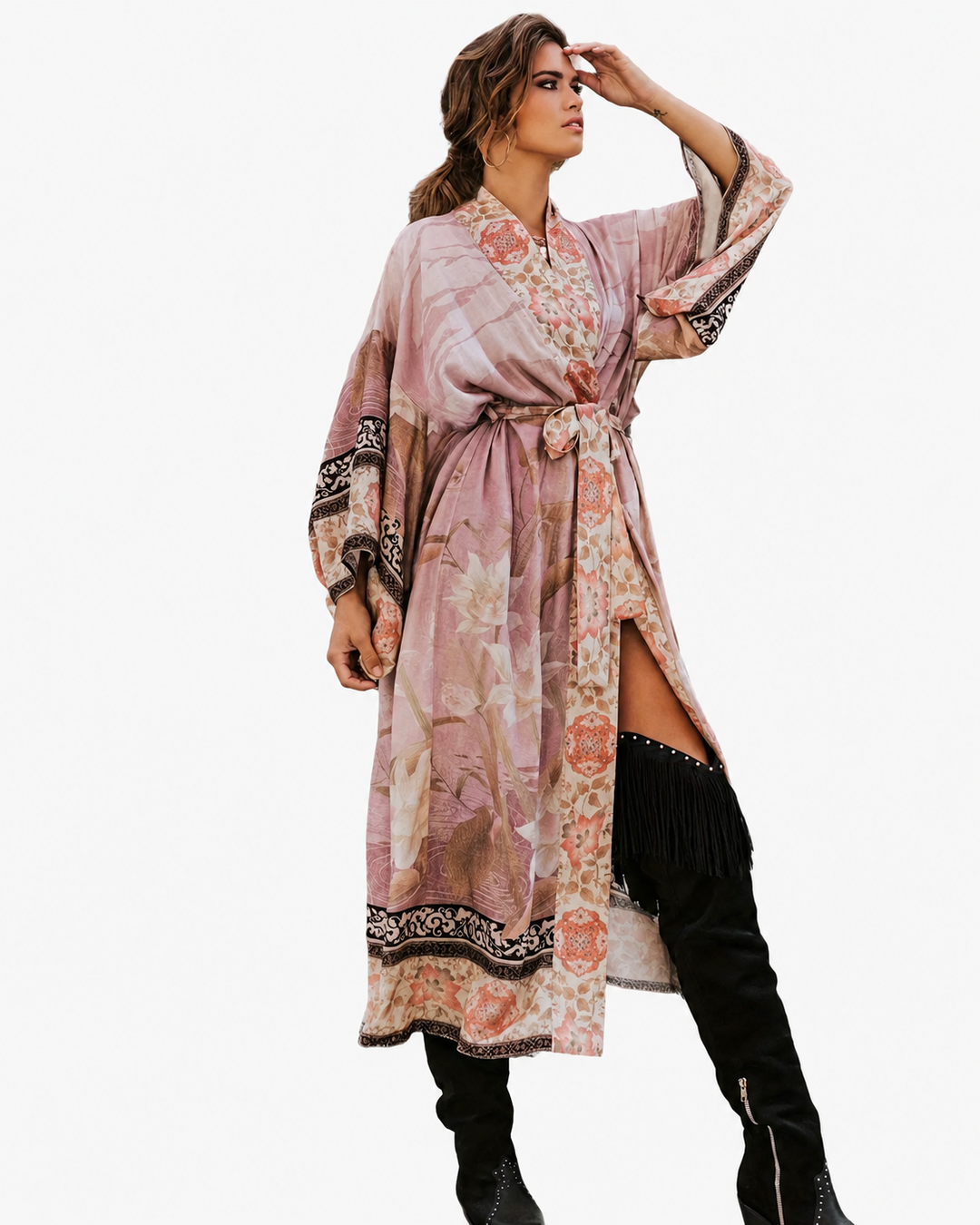 Damers Lange Kimono med Blomsterprint og Strikceintur