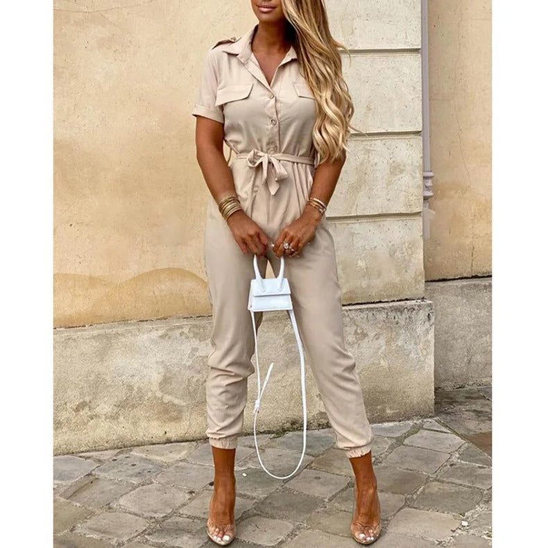 Monokromatisk jumpsuit med belte for kvinner